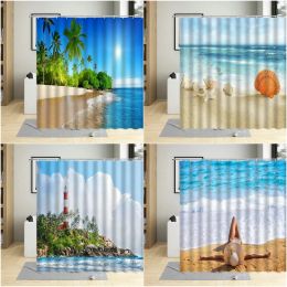 Ocean Shower Curtain Seaside Beach Tropical Forest Summer Sun Palm Tree Waves Scenery Polyester Fabric Bathroom Decor with Hooks