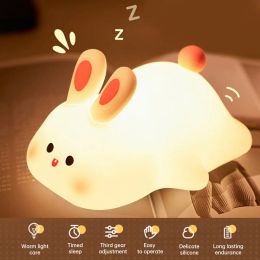 LED Cute Rabbit Silicone Lamp USB Rechargeable Timing Bedside Decor Light 3 Level Dimmable Breastfeeding Nursery Night Light