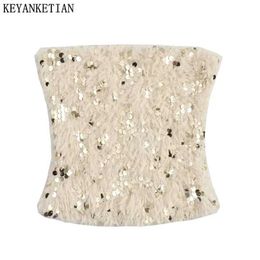 Women's Tanks Camis KEYANKETIAN 2024 New Womens Sequin Feather Decoration Tight Chest Crop Vest Fashion Luxury Inner Chest Packaging Party Top J240409