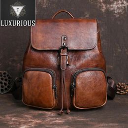 Backpack Women Rucksack Genuine Leather Vintage Real Cowhide Female Travel Simple Daypack Men Student Book School Camputer Bag