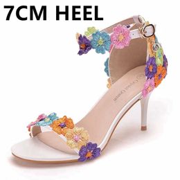 Dress Shoes Crystal Queen New Arrival Women Sandals Summer High Heels Lace Peep Toes Buckle Strap Lady Party Stiletto White Sandalia H240409 BGM8