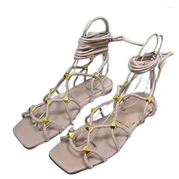 Sandals 2024 Rome Net Sandal Female Peep Toe Ankle Cross Tied Beach Shoe Real Leather Narrow Band Holiday For Woman Designer