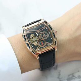 2023 New Authentic Brand Mens Wine Barrel Type Night Glow Flywheel Hollow Fully Automatic Mechanical Watch Fashion and Waterproof