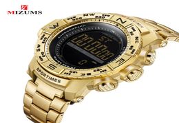 MIZUMS Chronograph Mens Watches Man LED Digital Watch For Men Waterproof Alarm Sports Reloj Hombre Gold Stainless Steel Band Male 1640917