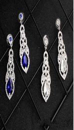 Royal Blue Silver 2020 Shining Crystals Bridal Earrings Rhinestones Long Drop Earring For Women Bridal Jewelry Wedding Gift For Br6033970