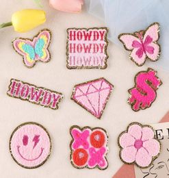 Notions Iron on Patches Pink Smile Face Butterfly Letter Patch Cute Chenille Embroidered Decorative Appliques Sticker for Clothing5435386