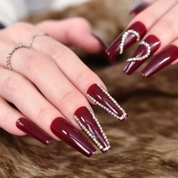 False Nails IMABC Press On Fake With Stones Extra Long Size Wine Red Shiny Ballet Come An Accessories Package