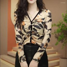 Women's Blouses Casual Vintage Floral Printed Shirt 2024 Spring Autumn Elegant V-Neck Button Clothing Commute Loose Stylish Folds Blouse