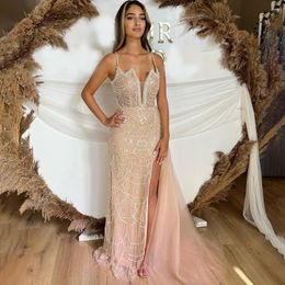 Party Dresses Serene Hill Nude Mermaid Spaghetti Straps High Split Beaded Arabic Long Evening Gowns 2024 For Women LA72189