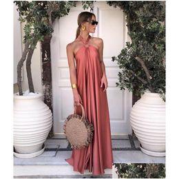 Basic Casual Dresses Fashion Summer Satin Maxi Dress 2023 Women Halter Sleeveless Backless Y Long Party Elegant Loose Beach Drop Deliv Dhukk