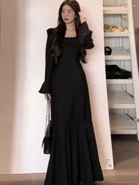 Casual Dresses Hepburn Style Front And Back Two Wear Dress High-end French Fishtail Women's Ruffles Black Long Sleeve Skirt