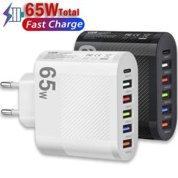 65W PD USB Charger 6 Ports USB Type C Charger Adapter Quick Charge 3.0 Fast Charging For iPhone 14 Samsung Xiaomi Mobile Phone