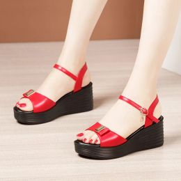 Plus Size 32-43 Comfortable Thick Sole Platform Wedges Sandals for Beach Office Mother 2022 Medium Heels Shoes Woman Red