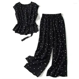 Women's Two Piece Pants Set Polka Dot O-Neck Lace Up Short Sleeve Blouses Shirt Elastic High Waist Wide Leg Ankle-Length Sets For Women