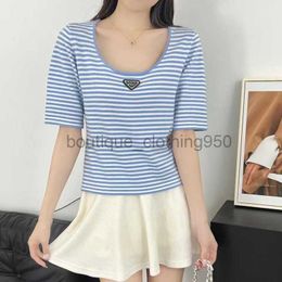 Designer Women's T-Shirt Gaoding 2024 Early Spring New U-neck Youth Leisure Stripe Triangle Decoration Slim Fit Versatile Short Sleeve T-shirt for Women Tops Tees