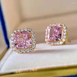 Stud Earrings Huitan Exquisite Pink Cubic Zirconia For Women Daily Wear Party Temperament Sweet Accessories Gift Fashion Jewelry