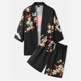 Japanese Cardigan Women Men Cosplay Yukata Clothing Harajuku Haori Chinese Style Crane Kimono Shorts Pants Sets Two-piece Suit