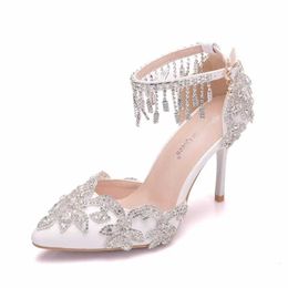 Dress Shoes Crystal Queen Women White Tassel Wristband Wedding Bride High Heels Sandals Female Pumps H240409 N18X