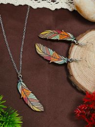 Bohemian Style Colourful Feather Pendant Women's Earrings Necklace Jewellery Set Vintage Versatile