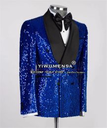 Gold Sequins Blazer Pants 2 Pieces Groom Wedding Tuxedos Custom Made Black Notch Lapel Prom Blazer Formal Party Wedding Suits