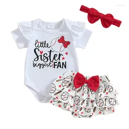 Clothing Sets 3Pcs Baby Girl Baseball Outfits Short Sleeve Romper Ruffle Shorts Headband Set