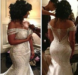 Bling Luxury Beaded Crystal African Mermaid Wedding Dresses 2020 Off Shoulder Sexy Plus Size Floral Bridal Gown Train Bride Dress 9573200