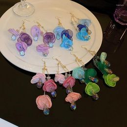 Dangle Earrings 2024 Trendy Crystal Cloth Flower Drop Temperament Purple Rose For Women Girls Party Jewellery Gifts