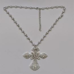 Victorian Big Cross Pendant Necklace White Pearl Choker Vampire Cross Rosary Goth Punk Crystal Cross Metal Jewellery Accessories