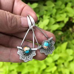 Dangle Earrings Creativity Round Yellow Blue Stone Hook Vintage Silver Colour Metal Carved Flower Drop For Women Jewellery