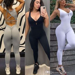 Kadınlar için yeni fitness koşu tulumları elastik tayt seksi kolsuz derin v yaka tulum bodysuit tekli yoga seti