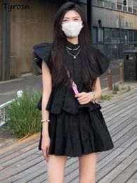 Casual Dresses Women Elegant Simple A-line Campus Design Flying Sleeve Attractive Summer Ruffles Streetwear Ulzzang Solid Daily