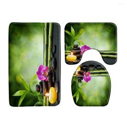 Bath Mats 3Pcs Set Zen Green Bamboo Bathroom Non-Slip Pink Lotus Black Stone Spa Kitchen Bedroom Carpet Toilet Seat Cover Rugs