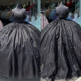 Black princess quinceanera dresses prom ball gown off shoulder appliqued beaded vestido de quinceanera backless 15 Masquerade Dress