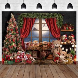 Mocsicka Christmas Backdrop Toys Bear Xmas Tree Gifts Wood Floor Photography Backgrounds Child Portrait Photo Shoot Window Moon