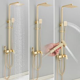 Rozin Brushed Gold Shower Set Wall Mounted Brass 4-Ways Bathroom Shower Faucets with Bidet Hot Cold Water Mixer Tap