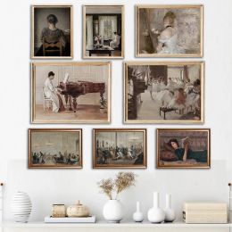 Antique Cafe Painting Vintage Bar Print Ballerina French Portrait Woman Playing Piano Masquerade Painting Living Room Decoration
