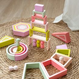 Children Rainbow Blocks Wooden Toys Montessori Geometric Shapes Stacked Stones Balance Game Set Number Learning Educational Toys