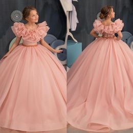 Cute pink Flower Girls Dresses ruffle shoulder girl Pageant Gowns Kids First Communion Dress beading waist ruched birthday dress