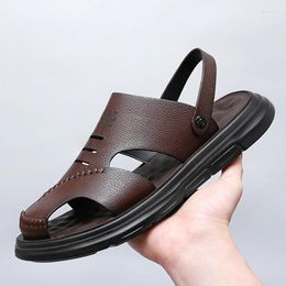 Sandals Mens Leather Men Summer Shoes 2024 Flat Beach Male Black