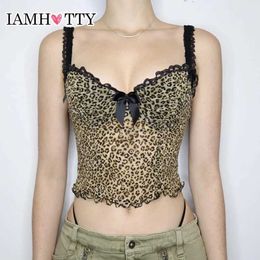 Women's Tanks Camis IAMHOTTY Retro Leopard Cut Top Sexy Contrast Butterfly Lace Patch Work Tank Top J240409
