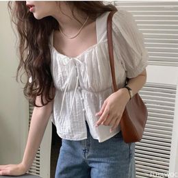 Women's Blouses Cute Chic Doll Design Crop Tops Women Summer 2024 Korea Japan Style Retro Vintage Solid White Button Short Shirt Blouse