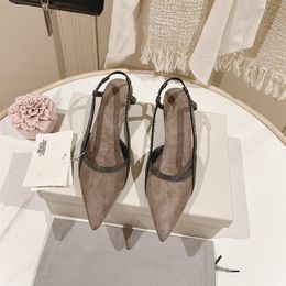 Luxury Designer Women Sandal Pointed Shallow Cut Slim High Heels Rhinestone Low Heeled Sandal Fashionable Comfortable Banquet Shoes Size 35-39