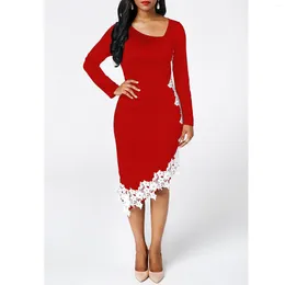 Casual Dresses Women's Elegant Asymmetrical Skinny Dress Lace Hem Long Sleeve V-neck Clothing