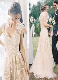 Elegant Garden Country Wedding Dresses 2017 Champagne Tulle Lace Appliqued Capped Sleeve Reem Acra Bridal Gowns Custom Made8119509