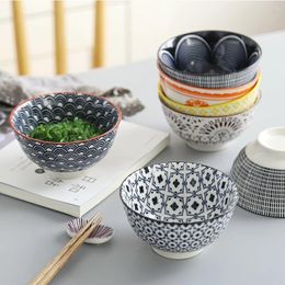 Bowls 4 Pcs/Set 4.5 Inch Rice Bowl Ceramic Tableware Thread Underglaze Colour Support Oven And Dishwasher Noodle Ramen Large