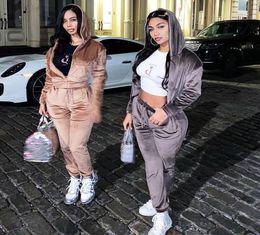 New Velour Tracksuit Zipper Pocket Cropped Sweatshirt Ruched Sweatpants and Hoodie Set Women Casual Streetwear Autumn Suit3475605