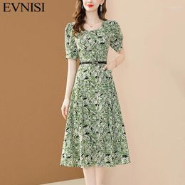 Casual Dresses EVNISI Women Boho Floral Chiffon Dress Square Collar Elegant Belt Party A-line Office For Spring Vestido 2024