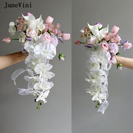 JaneVini Romantic Korean Waterfall Bridal Bouquets Pink Purple Silk Roses Cascading Artificial Flowers for Wedding Decorations