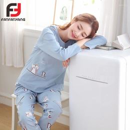 Home Clothing Soft Cotton Womens Pajamas Sets 2024 Autumn/Spring Cartoon Blue Long Sleeve Casual Suit Tops And Pants Female Nightwear