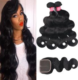 Remy 8A Brazilian Human Hair Body Wave Straight Kinky Curly Deep Wave 3 Bundles With 4X4 Lace Closure 100 Unprocessed Brazilian H2119354